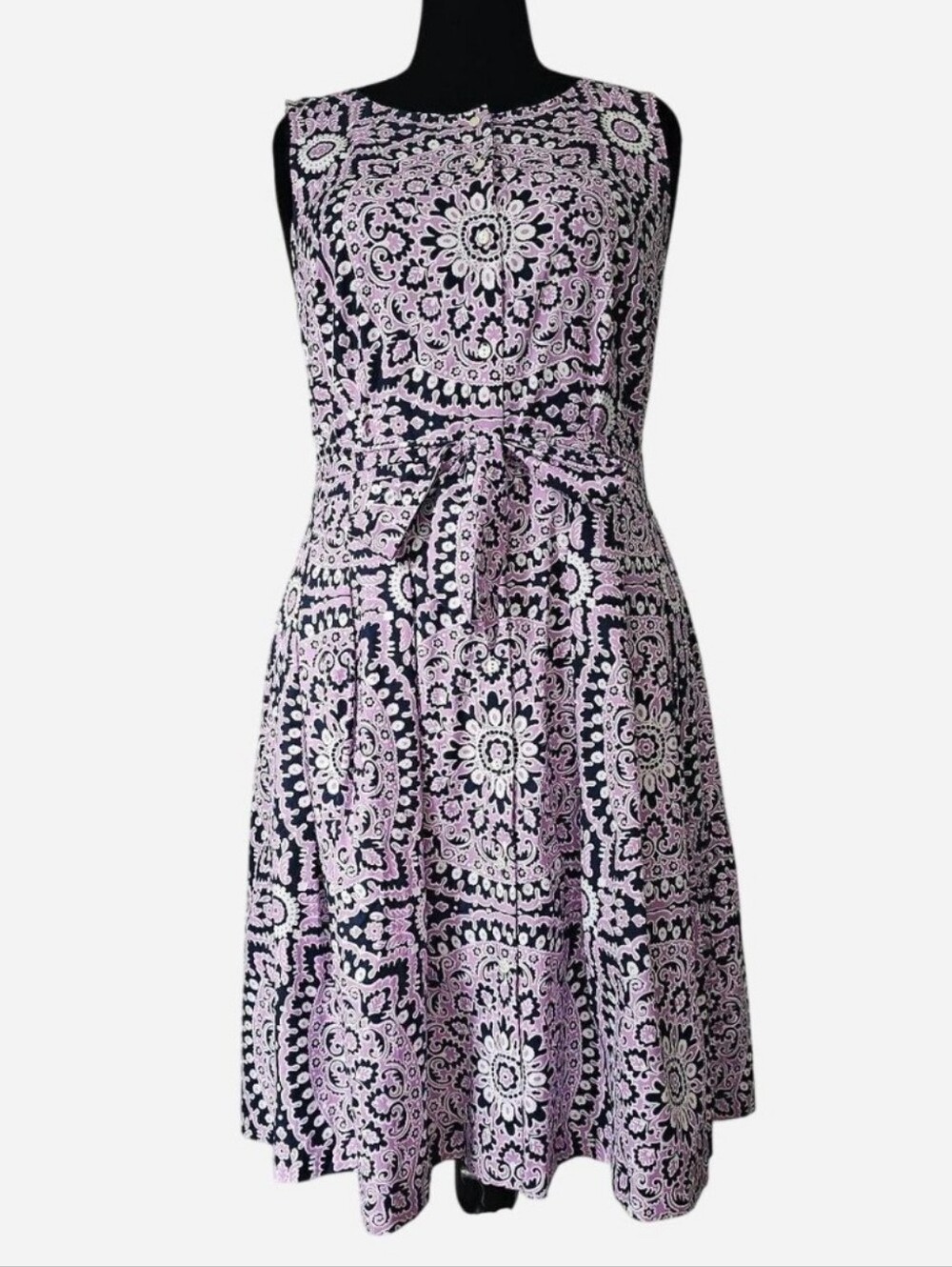 TALBOTS Women's Dark Navy and Lavender Medallion Sleeveless Midi Dress. Size 14W